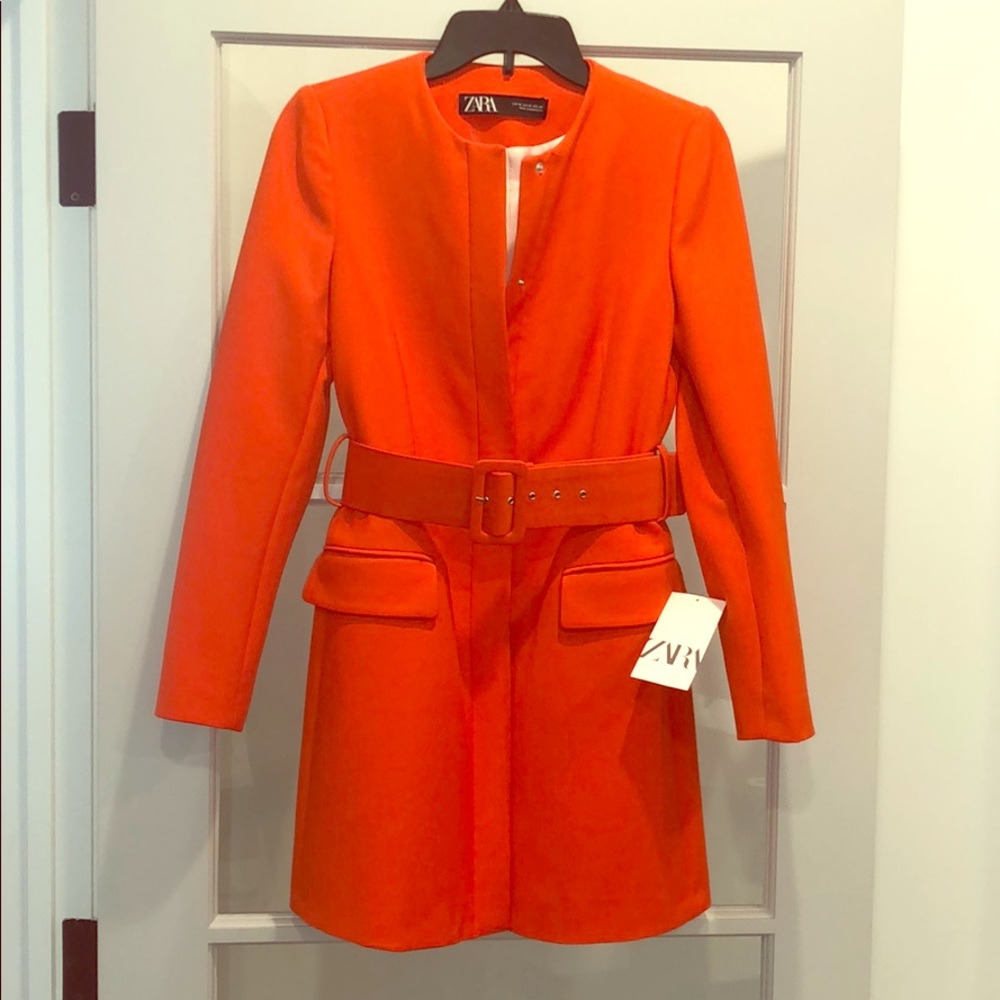 NWT: Zara Long Belted Blazer - Vibrant Orange